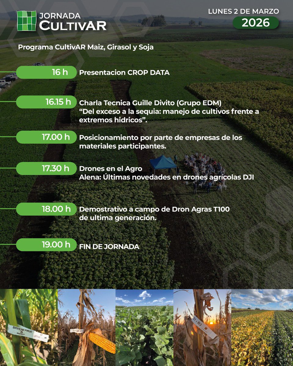 latitudsuragro's tweet photo. Este lunes 2/3 – 16 hs se realiza la Jornada CultivAR 2026 en Latitud Sur (Tandil).
Manejo, ensayos, datos y tecnología aplicada.

🔗 inscripción gratuita https://t.co/f3NNWxlgdx

📍 cómo llegar: https://t.co/dINmPxH9Ek https://t.co/dEzXlnSqIj