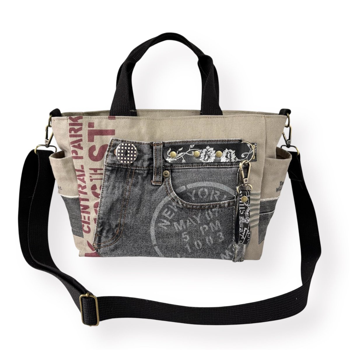 黒デニムパッチワークとグレー帆布の2wayスクエアショルダーバッグ