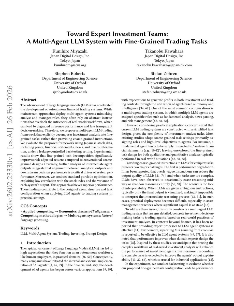 AI자동 매매 하시는 분들 필독 논문이 오늘 발표되었습니다

Toward Expert Investment Teams:A Multi-Agent LLM System with Fine-Grained Trading Tasks

Level 1. 정보 수집 및 스코어링 (실무진): 4명의 하위 에이전트가 각자의 전문 분야만 분석하여 0~100점의 점수를 매깁니다.