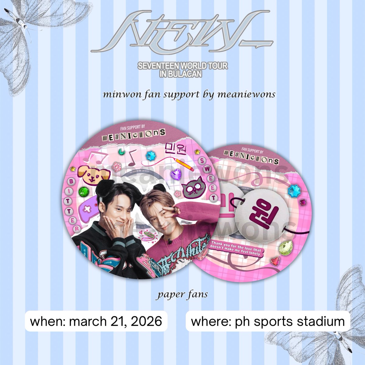 meaniewons's tweet photo. ˗ˏˋ seventeen new_ in bulacan ˎˊ˗

minwon fan support / freebie by @meaniewons 💚💜

📅 march 21; time &amp; loc tba !

♡ mbf, like &amp; rt
♡ lim qty; 1:1 only
♡ on site trades only

see you! 💎

#SEVENTEEN_NEW_IN_BULACAN 
#NEW_BULACAN https://t.co/wTD64M32SI