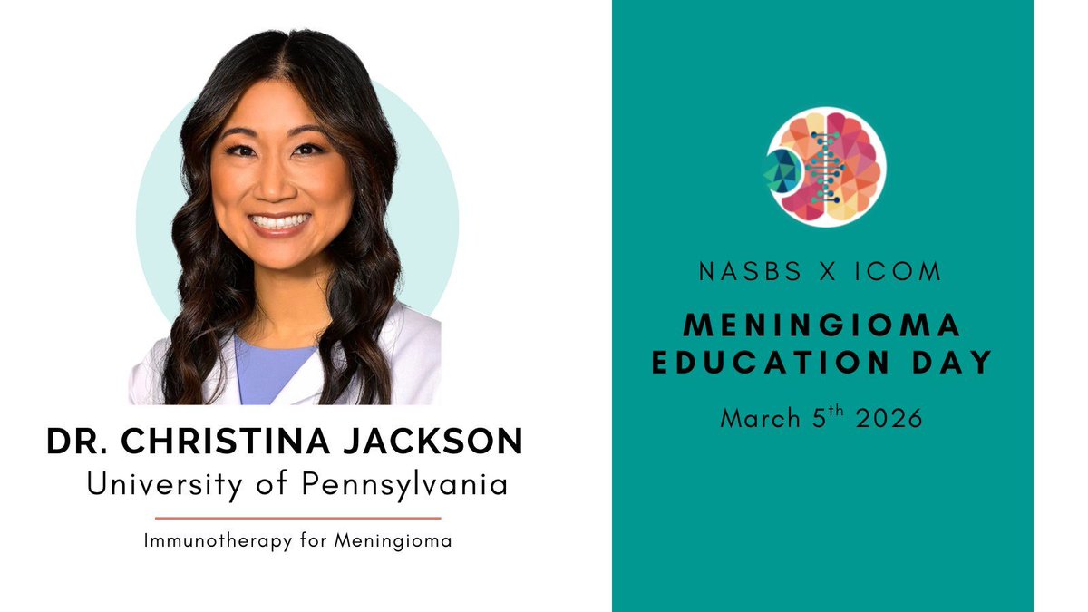 ICOMeningioma's tweet photo. Join @Dr_CJackson during Meningioma Education Day for her talk on Immunotherapy for Meningioma. 

Dr. Jackson is a neurosurgeon @Penn who specializes in open skull base surgery, minimally invasive surgery, endoscopic skull base &amp; pituitary surgery, and complex brain tumor surgery https://t.co/5dCFzEQPyj
