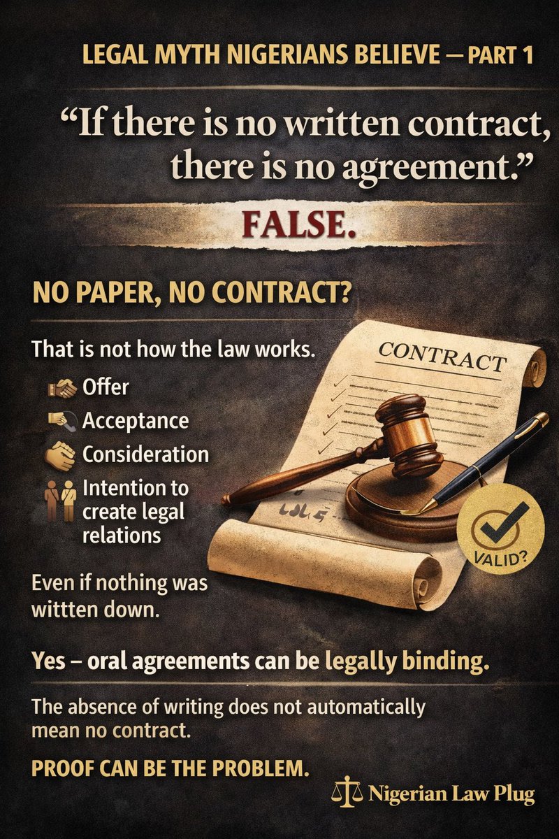 If there is no written contract, there is no agreement.”

False.

Many people believe:

“No paper, no contract.”

That is not how the law works.

A contract can exist if there is:

• Offer
• Acceptance
• Consideration
• Intention to create legal relations