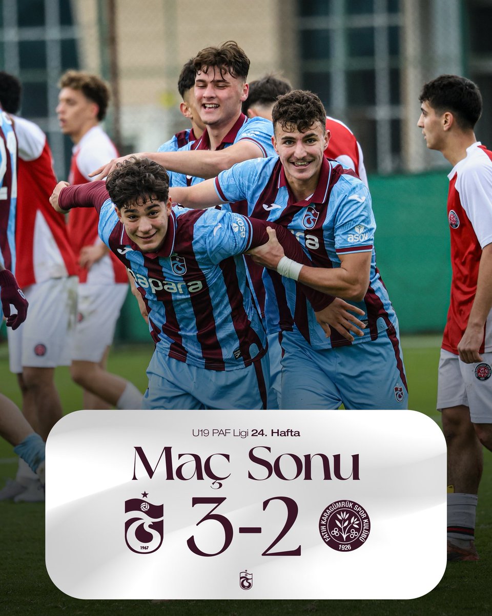⏱️ 90' Karşılaşma sona erdi. 
 
Trabzonspor 3-2 Fatih Karagümrük 

⚽️ 57’ Assan Bojang 
⚽️ 73’ Esat Yiğit Alkurt
⚽️ 80’ Mehmet Ali Şaşmaz 

#U19PAFLigi