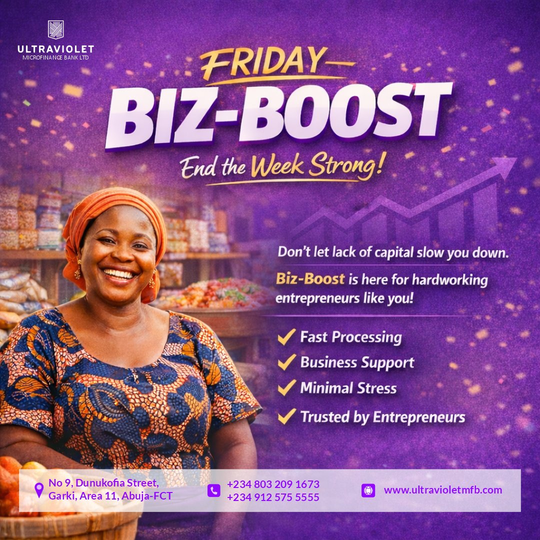 UltravioletMFB's tweet photo. It’s Friday, the perfect time to strengthen your business 💜

Are you ready for weekend sales?
Don’t let limited capital slow your hustle.

With our Biz-Boost Loan, you get the support you need to restock, expand, and serve your customers better.

📍 Visit us in Garki, Abuja
📲 Send us a DM to get started today

Let’s boost your business the smart way.

#BizBoost
#SMEFinance
#MarketWomen
#AbujaBusiness
#NigeriaSME
#SmallBusinessSupport
#FinancialGrowth
#EntrepreneurLife
#MicrofinanceBank
#BusinessFunding
#AbujaEntrepreneurs
#GrowYourBusiness