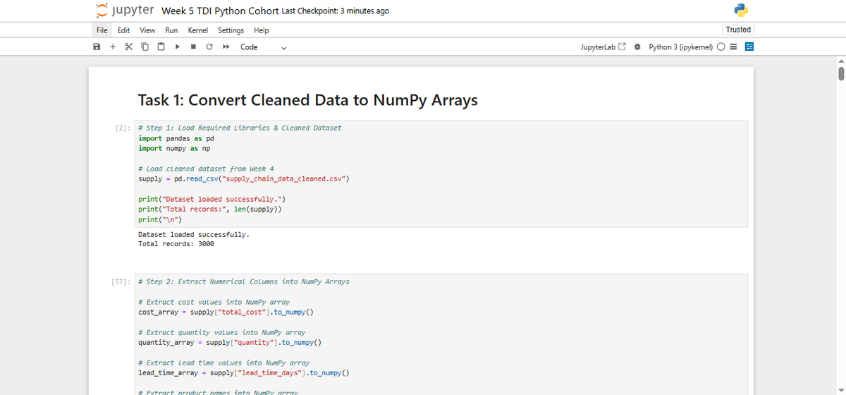 Ifedolapojoe's tweet photo. Week 5: NumPy for Supply Chain Analytics
This week, I used NumPy to analyze a cleaned supply chain dataset:
. Extracted costs, quantities &amp; lead times into arrays
. Calculated total revenue, average order value, min/max costs &amp; lead time range https://t.co/zx6Qn4antD