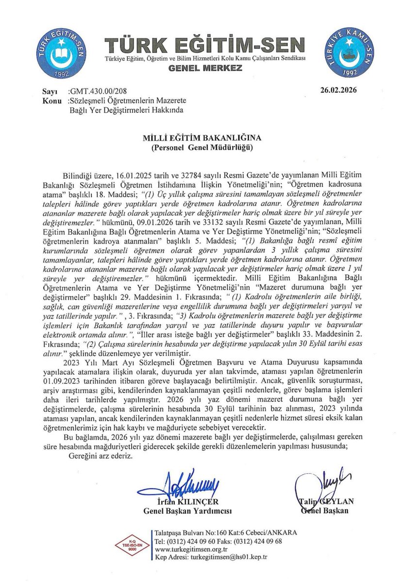 📌 Sözleşmeli Öğretmenlerimizin Yanındayız!

2023 yılında atanan bazı öğretmenlerimiz, kendi iradeleri dışında yaşanan gecikmeler nedeniyle göreve geç başlamıştır.

Bugün gelinen noktada, 2026 yaz dönemi mazerete bağlı yer değişikliklerinde çalışma süresi hesabında ortaya