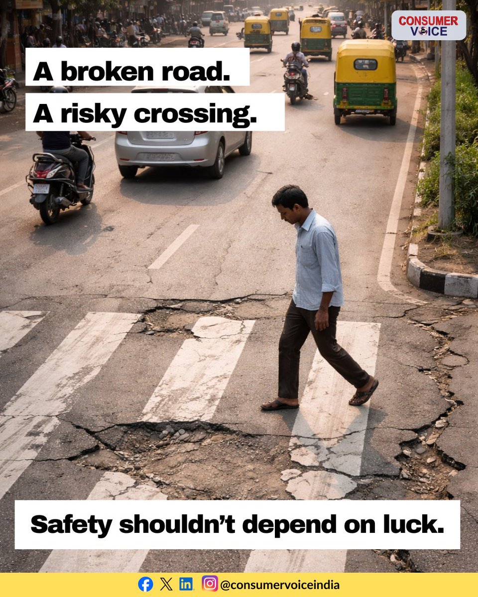 ConsumerVoiceIn's tweet photo. The real danger isn’t just potholes or missing signages - it’s weak enforcement. Pedestrian safety needs strict action.

#PedestrianSafety #RoadSafety #SafeRoadsSaveLives #UrbanSafety #RightToWalk #PublicSafety #SaferStreets #EnforceTheLaw https://t.co/UQudGQYMy7