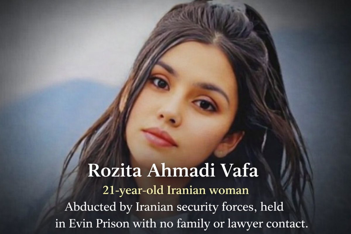AtiIravani65's tweet photo. 🚨 URGENT | ENFORCED DISAPPEARANCE IN IRAN
🚨 #RozitaAhmadiVafa, a 21-year-old Iranian woman, was abducted/kidnapped by security forces  IRGC on or around February 5, 2026,  while on her way home in Tehran. 🆘 
She is now confirmed to be held in Evin Prison — but her family has been denied ANY contact, visit, or information about her health and condition for over 3 weeks. No charges announced.
In the context of mass arbitrary detentions, torture reports, and the ongoing crackdown in Iran, her life is at serious risk.
International community:
Demand her immediate release or at least access to family/lawyer!
Pressure the Islamic Republic for transparency and an end to enforced disappearances!
Be her voice — silence enables this injustice.
#FreeRozitaAhmadiVafa #IranMassacre  #EvinPrison #NoDealWithIRGC
#RozitaAhmadiVafa
#StopEnforcedDisappearances
#FreePoliticalPrisoners
#IranHumanRights
#IRGCterrorists
@StateDept @EU_Commission  @UNGeneva @LindseyGrahamSC
@LeoTerrellDOJ @HNeumannMEP
#رزیتا_احمدی‌وفا
#انقلاب_شیر_و_خورشید