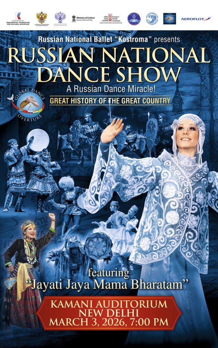 Get ready to witness the magic of the Russian National Dance Show by the Russian National Ballet 'Kostroma' 🩰.

The show also features <a href="/sangeetnatak/">Sangeet Natak Akademi</a>'s captivating dance presentation 'Jayati Jaya Mama Bharatam.' (1/2)

#CultureUnitesAll