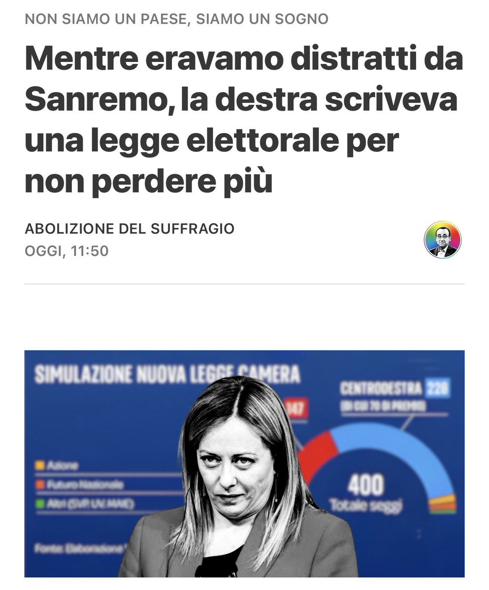 AUniversale's tweet photo. Con la legge elettorale attuale: Camera 192 a 186 a favore del Campo Largo. Senato 96 a 95, sostanziale pareggio. 

Con la nuova legge: Camera 228 a 147 a favore della destra, con 81 seggi di vantaggio. Senato 113 a 76, la destra ha 37 seggi di margine.

Stessi voti, stessi elettori, stesse percentuali nei sondaggi.

Mentre eravamo distratti da #Sanremo206, la destra e Giorgia Meloni realizzavano una nuova legge elettorale per non perdere più.

👉🏻 https://t.co/rHFa91Hkf7

#Stabilicum