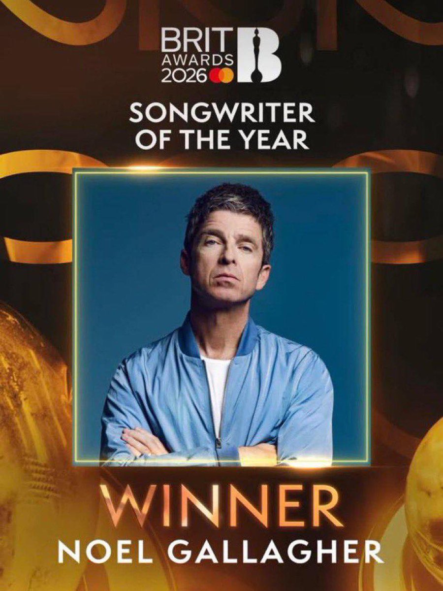 Noel Gallagher picks up his "Songwriter Of The Year" Award at The Brits tomorrow 

📺 Watch The BRIT Awards 2026 on ITV1 &amp; ITVX in the UK at 8:15PM and on YouTube globally at 8:45PM GMT
