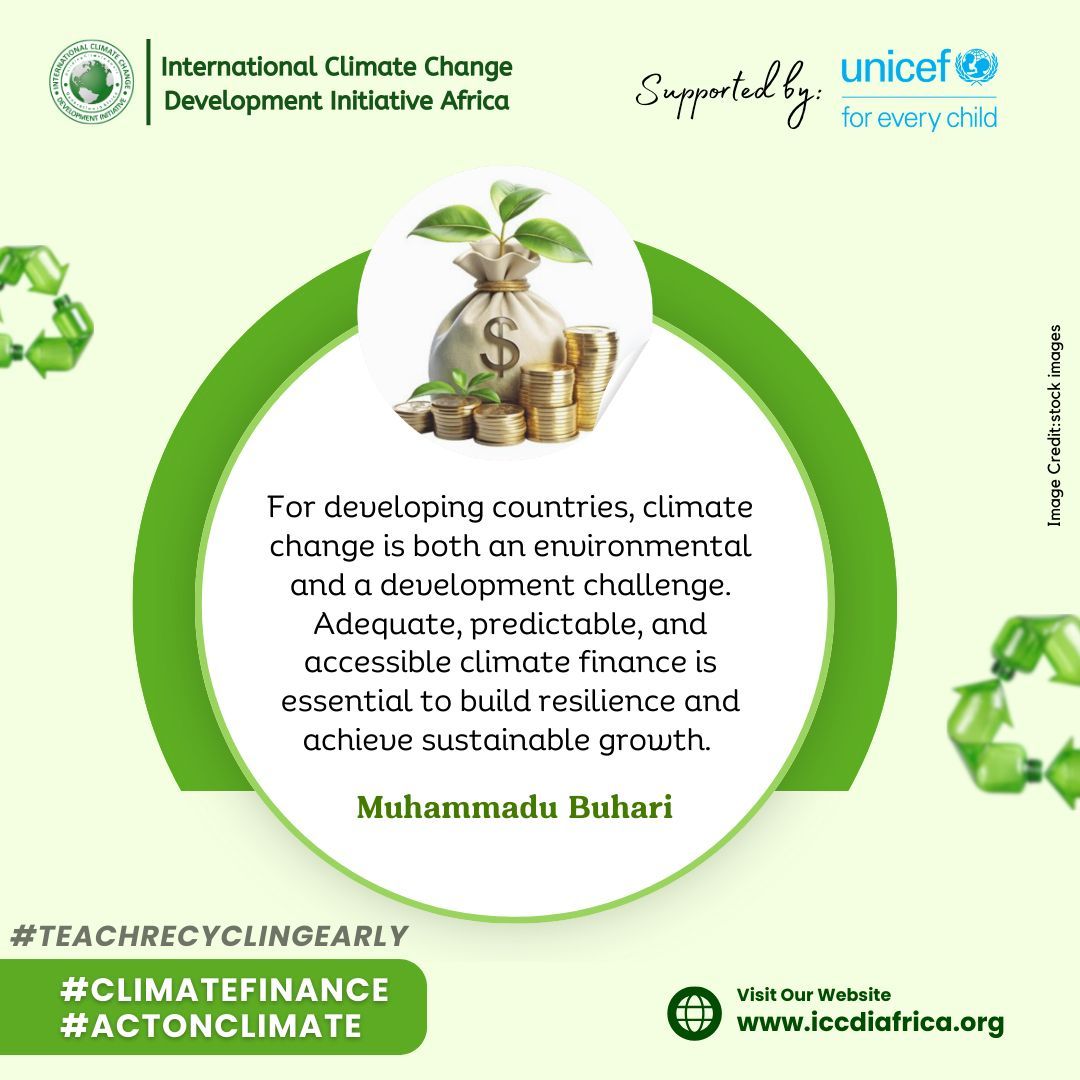 ClimateWed's tweet image. For developing countries, climate change is both an environmental and a development challenge. Adequate, predictable, and accessible climate finance is essential to build resilience and achieve sustainable growth. — Muhammadu Buhari

#ClimateFinance  #ActOnClimate