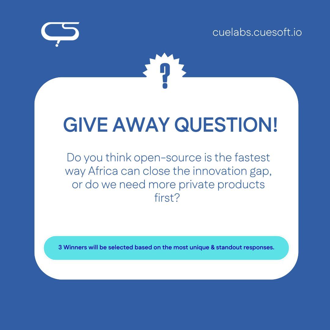 cuesoftinc's tweet photo. The wait is over!!! Our Giveaway question is here! 

To win our special giveaway, we’re looking for your honest, unique & insightful perspective on the future of tech in Africa.

THE QUESTION:
"Do you think open-source is the fastest way Africa can close the innovation gap, or do we need more private products first?"

How to participate: 

Drop your answer in the comments. 
Be original. We are selecting 3 winners based on the most unique and standout responses. 
Make sure you’re following us and have liked the announcement post. 

Prize: Cash rewards for the top 3 standout contributors. 

#OpenSource #TechAfrica #Innovation #GiveawayLive #CueLabs