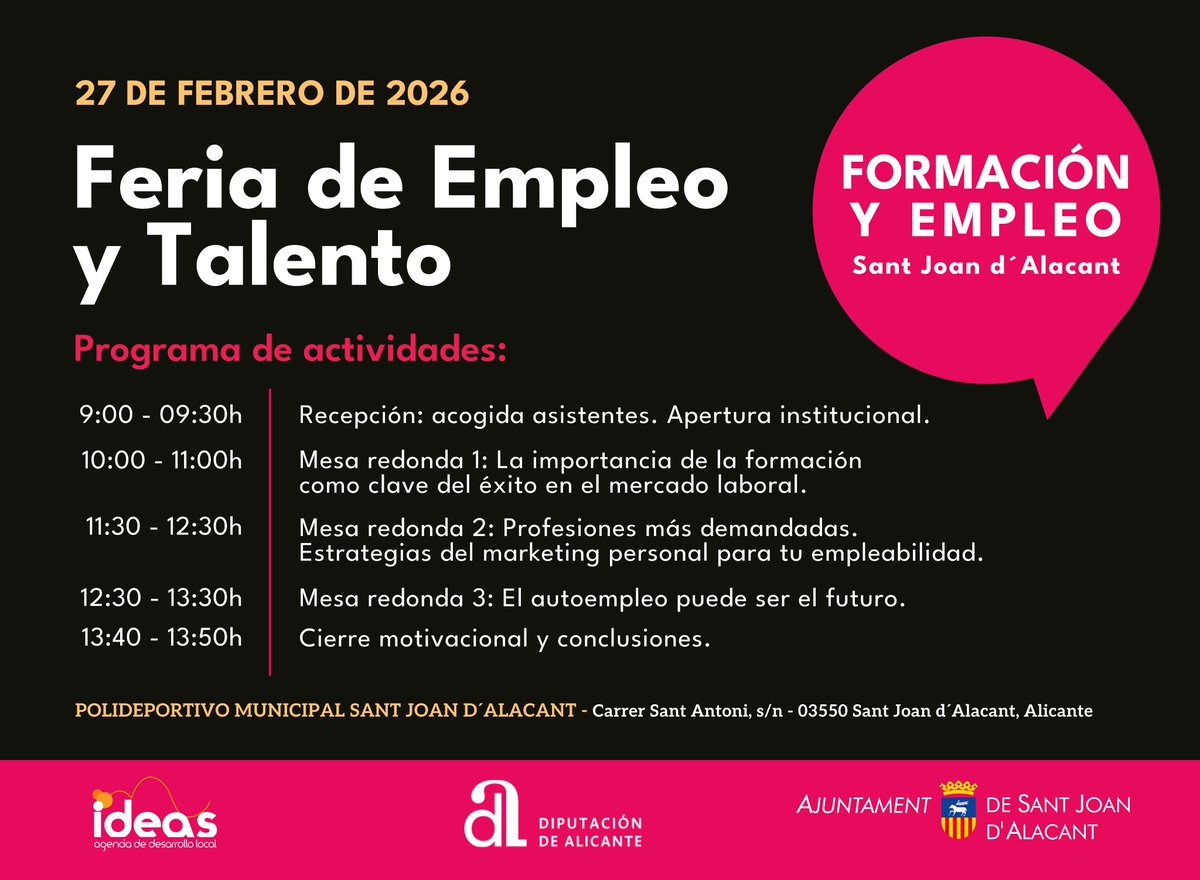 En un rato intervenimos en la Feria de Empleo y Talento de <a href="/sant_joan/">Sant Joan d'Alacant</a> y <a href="/dipuAlicante/">Diputación de Alicante</a> 

🗣️Hablaremos de cómo la cooperativa de trabajo es una fórmula de autoempleo que permite emprender a dos o más personas

¿Quieres conocer todas las ventajas y ayudas?

emprender.fevecta.coop