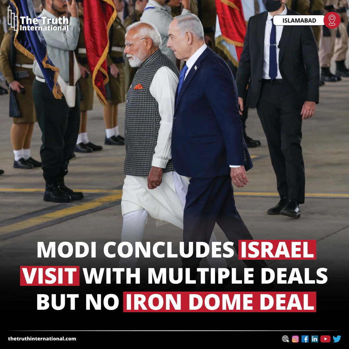 ttimagazine's tweet image. Modi Concludes Israel Visit with Multiple Deals but No Iron Dome Deal

FIND MORE: thetruthinternational.com/modi-concludes…

#IndianPM #NarendraModi #Concludes #Israel #Visit #Multiple #Deals #IronDome #Deal #ISLAMABAD #TTI
