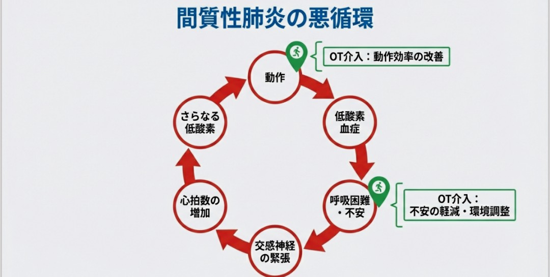 jazzkuma0202's tweet image. 間質性肺炎の悪循環をどこで止めるか。
動作効率の改善： 労作時の心拍数増加を抑え、拡散障害を最小限に。
不安軽減・環境調整： 交感神経の緊張を解き、呼吸困難感の波を鎮める。
生理学的根拠を持って「悪循環を断つ」のがOTの役割です。

#jazzkuma呼吸連載 #作業療法 #OT#ILD