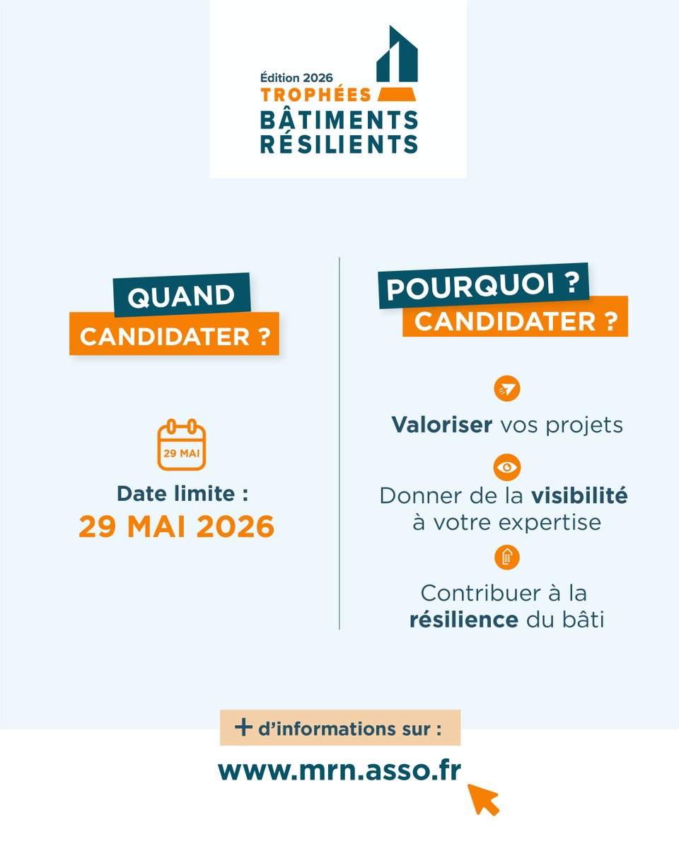 mrn_asso's tweet photo. 📣 Les #TrophéesBâtimentsRésilients sont ouverts aux candidatures.

Comment participer ?

👉 Publiez une étude de cas sur la plateforme dédiée. 
👉 Un tutoriel pas à pas est disponible sur notre site. 

📅 Les candidatures aux #TBR2026 sont ouvertes jusqu’au 29 mai ! https://t.co/hUi0RlSB6B