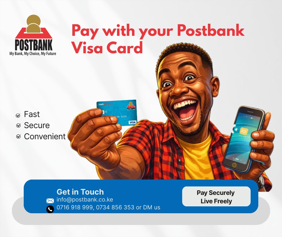 Postbank1's tweet photo. It’s Friday! Worry not! Use your Postbank Visa card to pay for fuel, shopping, nyama choma, and those last-minute weekend plans. #SaveNaPostbank #SaveVisimple https://t.co/hC172DvrLX