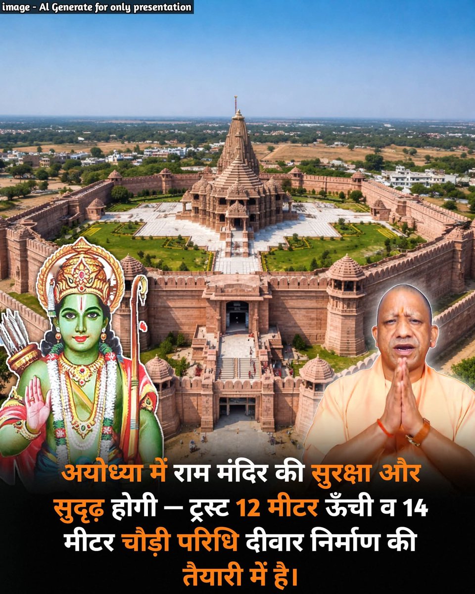 अयोध्या में श्री राम जन्मभूमि मंदिर की सुरक्षा को अभेद्य बनाने के लिए श्री राम जन्मभूमि तीर्थ क्षेत्र ट्रस्ट ने मंदिर परिसर के चारों ओर एक विशाल सुरक्षा दीवार (परकोटा) के निर्माण की तैयारी शुरू कर दी है। 
सुरक्षा दीवार की मुख्य विशेषताएं:
आयाम: यह दीवार 12 मीटर ऊँची और 14 मीटर