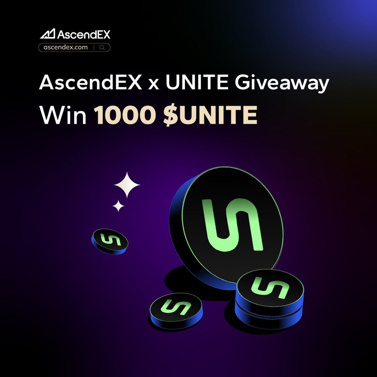 🥳#AscendEX x #UNITE Giveaway

🎁 1,000 $UNITE 丨50 winners丨Ends 3/6

1️⃣ Follow <a href="/UnboundScience/">Unbound Science</a> and <a href="/AscendEX_/">AscendEX</a>
2️⃣ Tag 3 friends, like, and retweet this post with the hashtags #AscendEX &amp; #UNITE
3️⃣ Join our Telegram: t.me/AscendEXEnglish
4️⃣ Join # UNITE Telegram Channel: