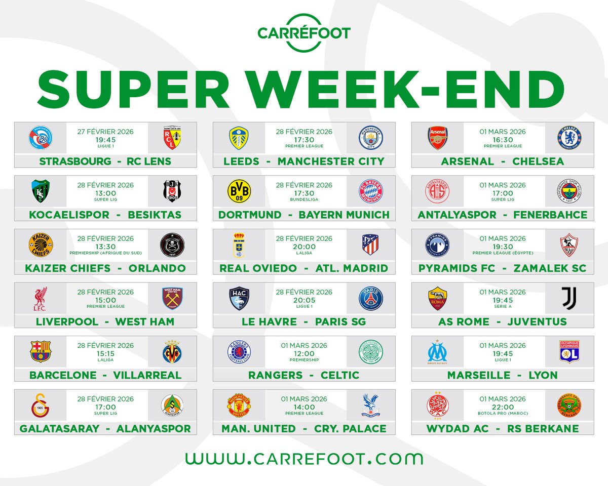 Carre_foot's tweet photo. SUPER WEEK-END : Les affiches sont servies !
#SuperWeekend #PremierLeague #Ligue1 #SerieA #Bundesliga #LaLiga #SuperLig #BotolaPro #Premiership #SuperLig #Football #Programme #Carréfoot https://t.co/Q0lEAGFJMB