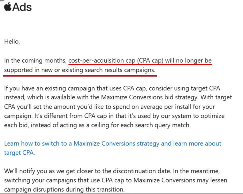 max_melnik22's tweet photo. 🍏 Apple will remove the CPA cap from #AppleAds

We have to use the Maximize Conversions instead.

Well, we used CPA Cap solely for Discovery campaigns. So, perhaps this will be a new, higher-quality approach?

#Apple #AppStore https://t.co/5wCdRea7hn