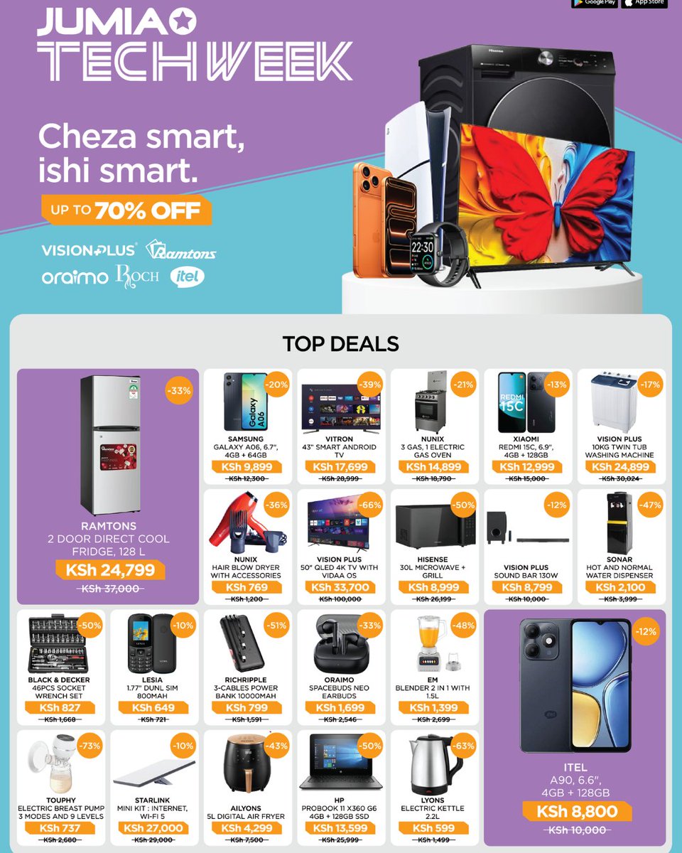 JumiaKenya's tweet photo. Cheza smart, ishi smart enjoy up to 70% OFF on phones, TVs, appliances, gaming, home essentials and more.
From smartphones and Smart TVs to kitchen must-haves and everyday tech this catalogue is stacked with real deals.
https://t.co/N7mRexNpOD
#jumiakenya #jumiatechweek #TechWeek