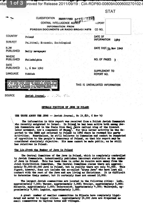 Archivo desclasificado de la CIA que dice que los judios mintieron sobre el número de judios en Polonia durante la WWII para obtener mas beneficios del gobierno en concepto de reparaciones históricas
