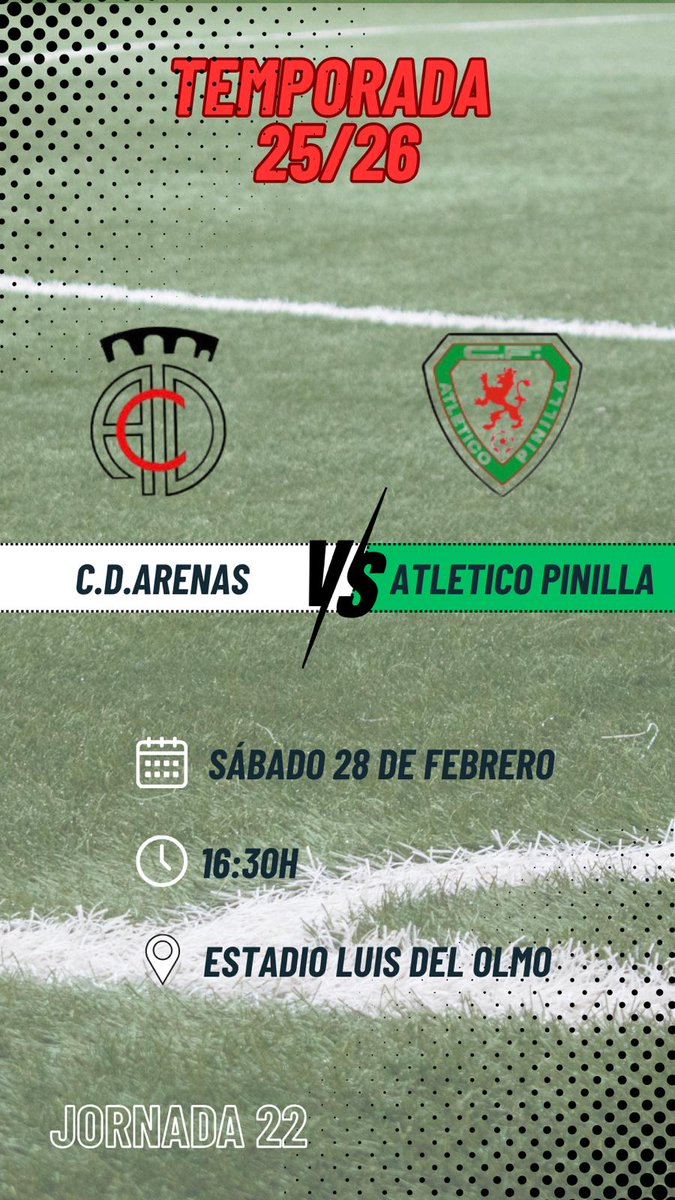 • JORNADA 22 • 

 Este sábado 28 de febrero nos visitará el <a href="/PinillaReg/">Atletico Pinilla Reg</a> a las 16:30h en el estadio Luis Del Olmo. 

⚪️⚫️