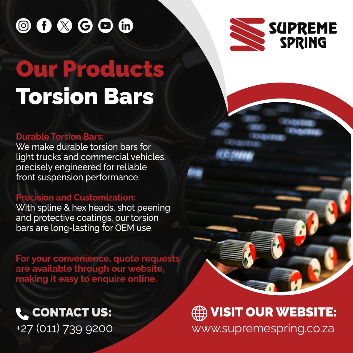 Supreme_Spring's tweet photo. High-Performance Torsion Bars

Key Features:
• Precision spline and hex head designs
• Shot peening for enhanced strength
• Protective e-coat and powder coating finishes
• Long-lasting performance for OEM use

Learn more: https://t.co/W1WhPsw4qQ

#SupremeSpring #TorsionBars https://t.co/zx9gbIi2Gf