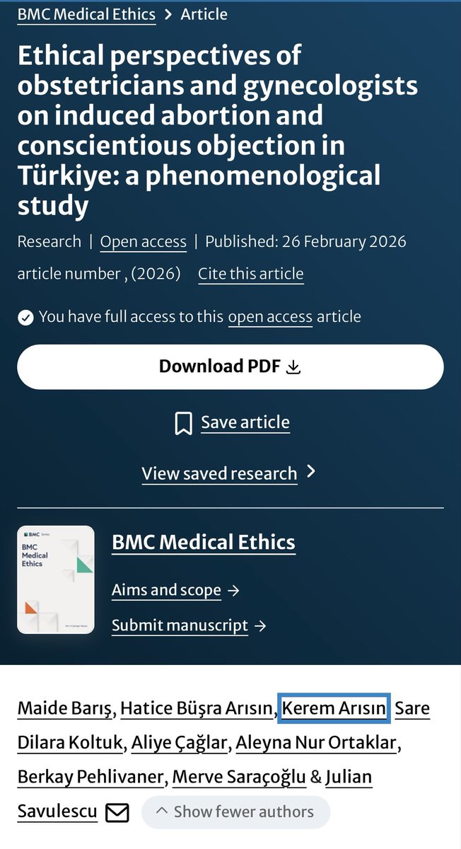 New paper with friends &amp; students, and <a href="/juliansavulescu/">Julian Savulescu</a> in BMC Medical Ethics. 

“Ethical perspectives of obstetricians and gynecologists on induced abortion and conscientious objection in Türkiye: a phenomenological study”

Early view: link.springer.com/article/10.118…