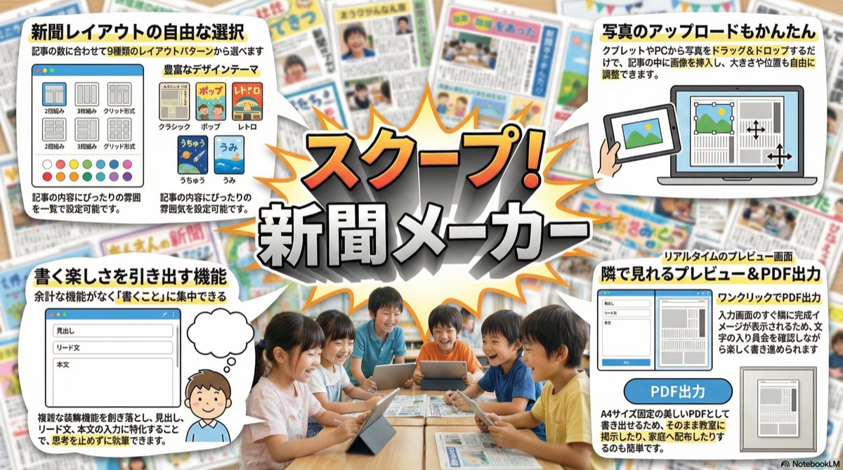rohimotoiwaka's tweet photo. １年間の思い出、新聞にしませんか？
子どもたちの個性が光る新聞作りを応援！
【新聞メーカー！】
✅記事を書くことに集中できる設計
✅デザインカスタマイズで、表現力を豊かに
✅音声入力

使いたい先生にはデータごと無料配布します。フォロー&いいね♡&リポストで「小学生新聞作りアプリ」とDMください
#GAS #学習アプリ #GIGA