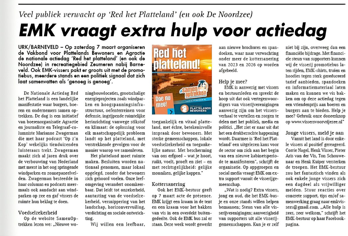 7 maart a.s. is er voor onze bijdrage aan 'Red het Platteland' (&amp; de Noordzee) hulp nodig van #vissers. Kun je een dagdeel vrijmaken, mail naar emkvissers@gmail.com

#samenoptrekken

Een bedrag doneren helpt ook. Gebruik de doneerknop op vissersvoorvrijezee.nl