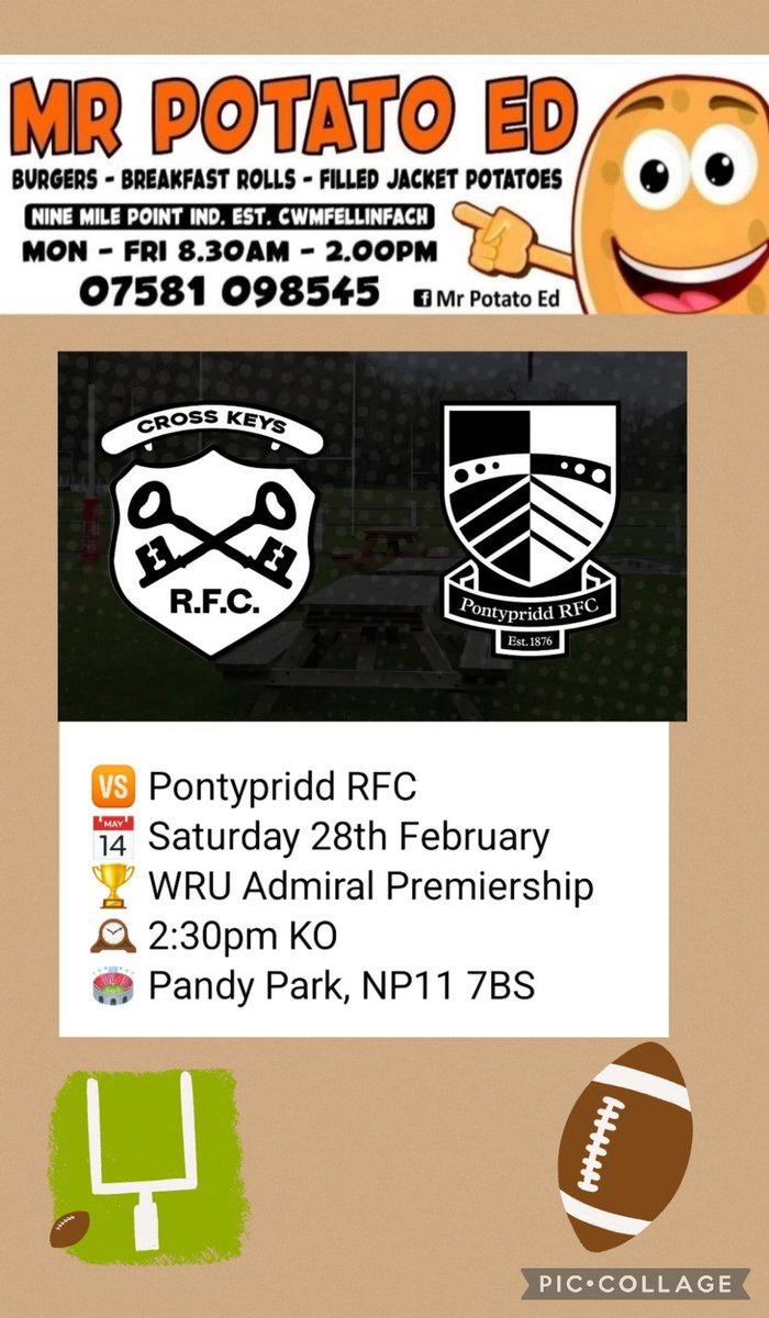 <a href="/MrPotatoEd2/">Mr Potato Ed</a> is keeping fingers &amp; toes crossed for the rain to stay away!!
🏉 <a href="/crosskeysrfc/">Cross Keys RFC</a>  v <a href="/PontypriddRFC/">Pontypridd RFC</a>🏉
Saturday 28th Feb, 2.30pm
Come &amp; fill your bellies 🥓🥔🍔🍳🌭