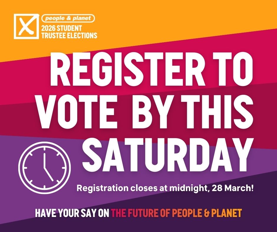 peopleandplanet's tweet photo. ⏰ Don't miss your chance to vote!

🙌 Eight candidates are standing to represent the student network on our trustee board!

🗳️ Register by midnight TOMORROW to have your say!
https://t.co/yiGwUtC78W https://t.co/Dem2n9Wbhd