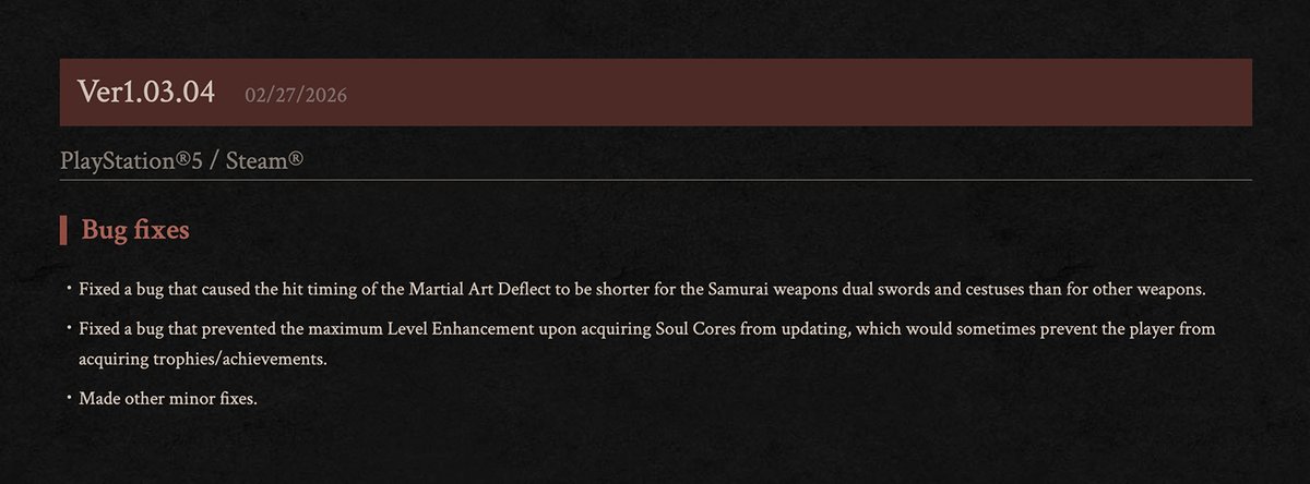 [Nioh 3 Ver1.03.04 Patch Released]

A patch (Ver1.03.04) to make adjustments and fix bugs has been released.

Refer to the attached image or visit the website for details.
teamninja-studio.com/nioh3/us/updat…

#Nioh3