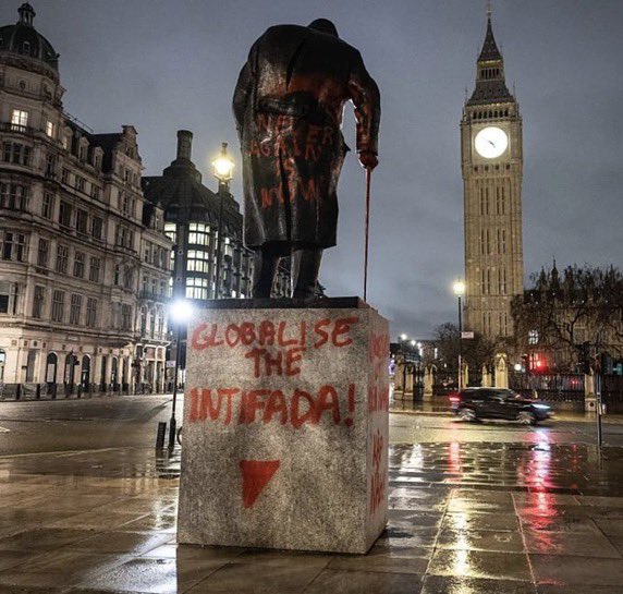 HillelNeuer's tweet image. Pro-Palestinians deface London statue of Churchill who saved Britain and the world from Hitler and the Nazis