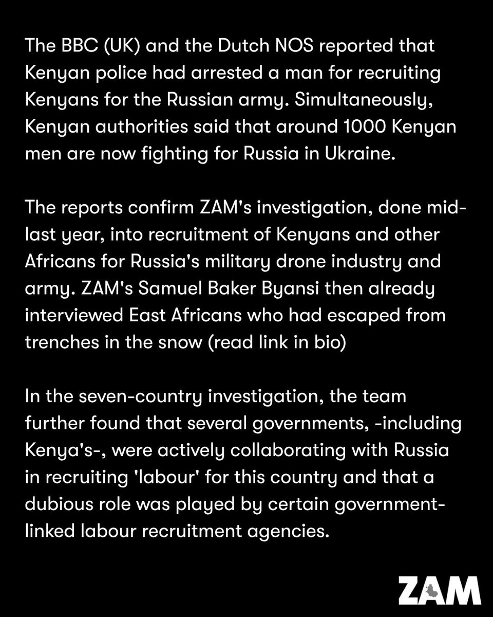 zammagazine's tweet photo. Yesterday, the BBC (UK) and the NOS (NL) reported that Kenyan police had arrested a man for recruiting Kenyans for the Russian army. The reports confirm ZAM's investigation 'Migrant battalion', from mid 2025:  https://t.co/KpSoKeezEH
https://t.co/9MZpQ8fIhy. https://t.co/49ESWNOEDt