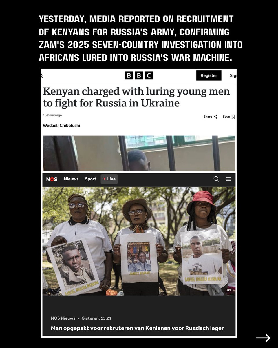 zammagazine's tweet photo. Yesterday, the BBC (UK) and the NOS (NL) reported that Kenyan police had arrested a man for recruiting Kenyans for the Russian army. The reports confirm ZAM's investigation 'Migrant battalion', from mid 2025:  https://t.co/KpSoKeezEH
https://t.co/9MZpQ8fIhy. https://t.co/49ESWNOEDt
