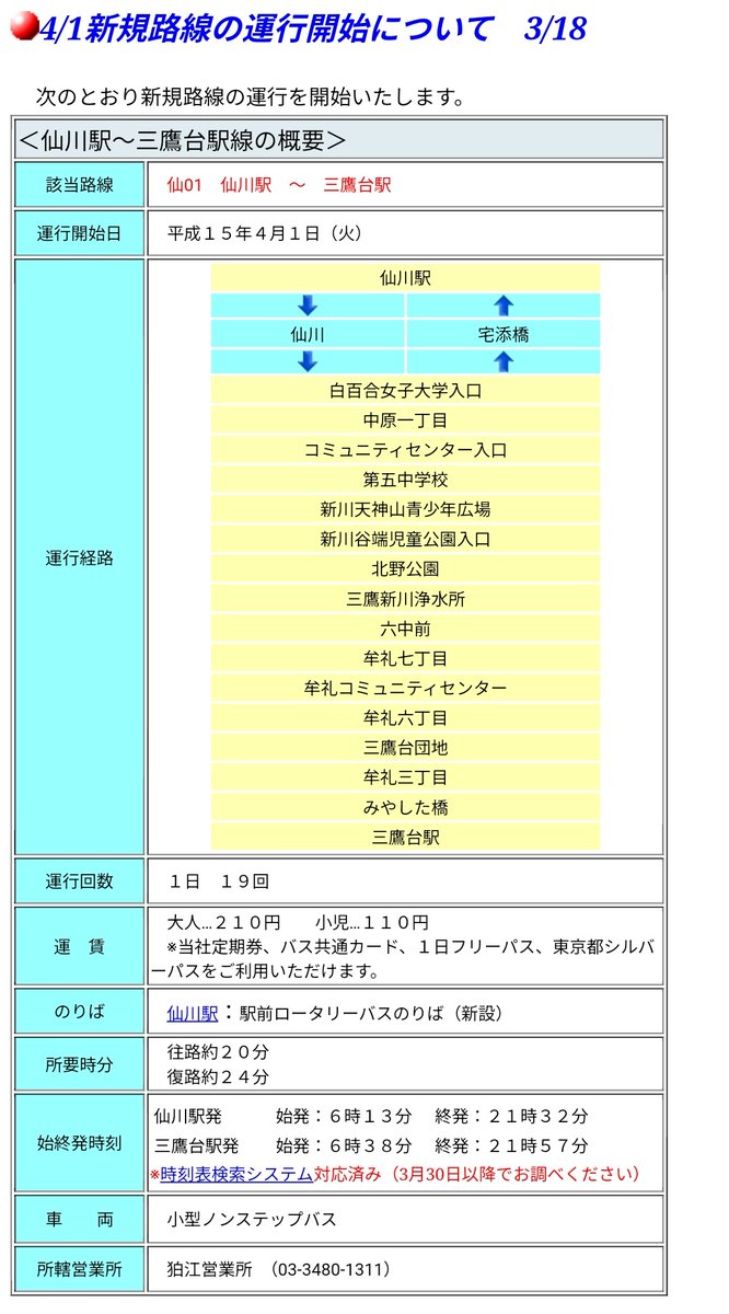 lovearth's tweet photo. 3/31をもっての路線廃止告知が掲示された小田急バス仙01系統(仙川駅〜三鷹台駅)、2003年運行開始も近年は減便も進み 採算的にもリソースの優先順位からも存続は困難という御決断でしょうか、平成期に根付いた 痒いところに手が届くタイプの小型車運用路線見直しの流れは不可避な時代なのでしょうね。。 https://t.co/JyHL0Md6tl