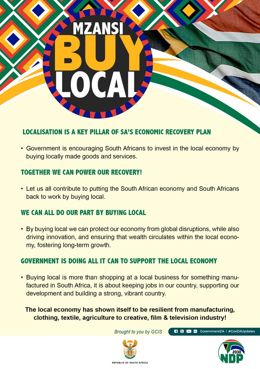 GovernmentZA's tweet image. 🇿🇦 Mzansi, let’s buy local this weekend!

Supporting local means more than just shopping; it’s backing small businesses, creating jobs and growing our own communities.

#KeepItLocal #BuyItHome #GovZAUpdates