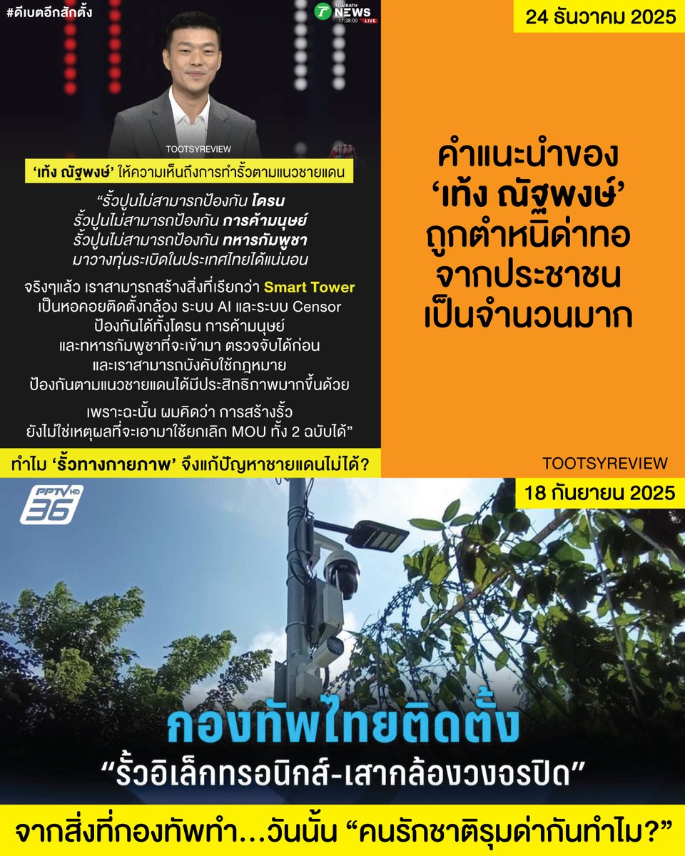 เพิ่งมาสังเกตว่า ก่อนหน้านี้ #กองทัพไทย ทำรั้วอิเล็กทรอนิกส์อยู่แล้ว สำหรับ #ชายแดนไทยกัมพูชา 

เลยสงสัยว่า วันนั้น เขาตำหนิคุณ #เท้งณัฐพงษ์ ทำไมนะ? หรือเป็นเพราะว่าแค่มันออกมาจาก #พรรคประชาชน หรือเปล่า?

ปรากฏการณ์แบบนี้ น่าลองตรองดูสักหน่อย

#ตุ๊ดส์review 

======

FACEBOOK