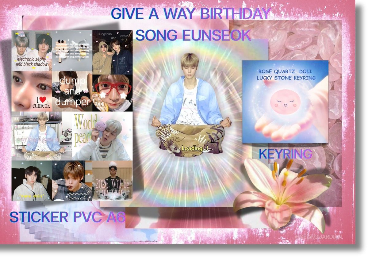 pls kindly rt 🪷 

giveaway eunseok birthday
🪨Keyring dolli lukcy stone (rose quarze) 
🧚🏻‍♀️Sticker PVC A6
 #OurBelovedSES (E6 sat 15.00-16.00 )
🧘🏼‍♀️gg from 19 march ⌛️20.00 
💗 10 set for #แป๋วจ๋าเฮียเหมาโรงมาหา  
7 march ⌛️ tba 
#happyeunseokday
 exchange pls dm me!🙏🏻