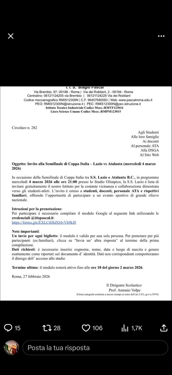 Inviti alle scuole.
Obbligo ai tesserati.
Biglietti omaggio per te e famiglia.

Il tutto da una società che non hai mai teso la mano al proprio tifoso, né dal punto di vista economico (mai uno sconto o un’iniziativa significativa) né dal punto di vista dialettico.
Anzi…