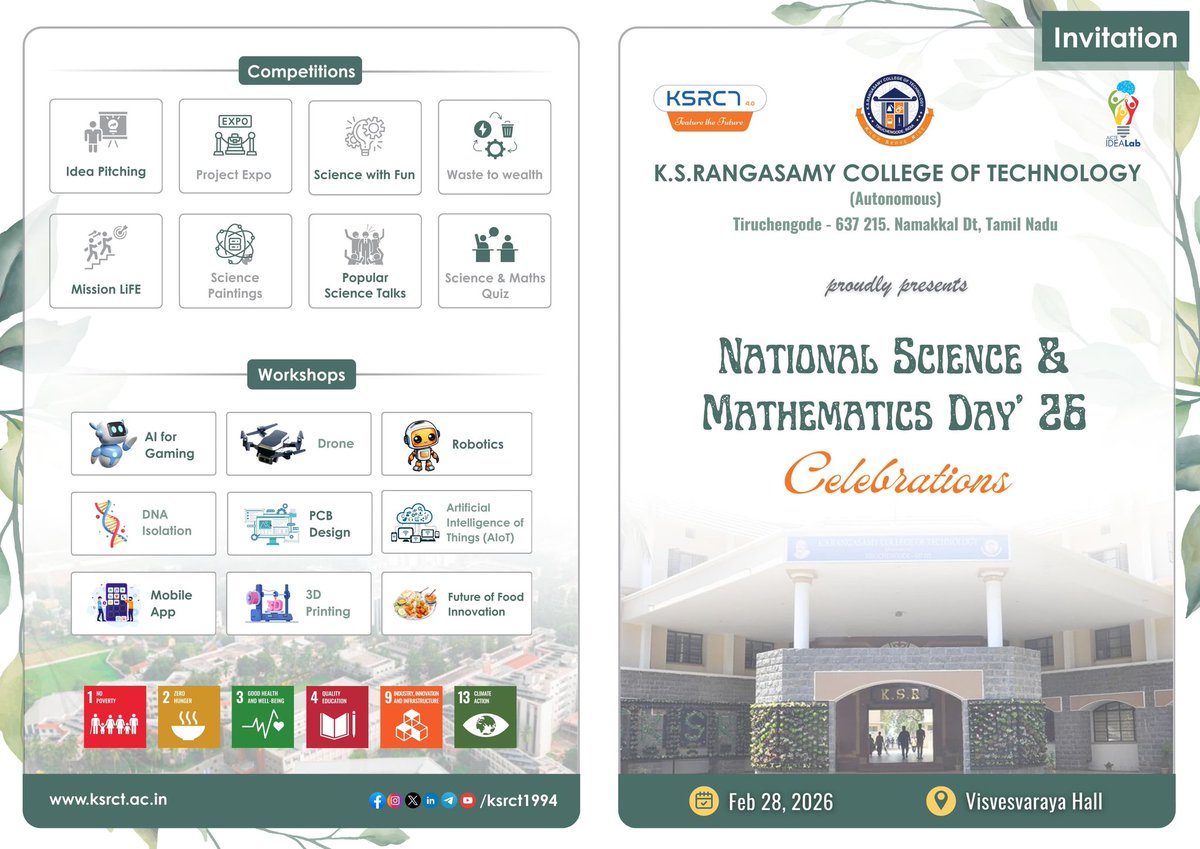 ksrct1994's tweet photo. "National Science & Mathematics Day’ 26 Celebrations" to be held on February 28, 2026, at 09:30 AM in Visvesvaraya Hall.
#ksrct1994 #ksr #ksrei #NationalScienceDay #MathematicsDay #ScienceAndInnovation #KSRCT #ScienceCelebration #FutureScientists #InnovationInEducation https://t.co/DueBppZVFb