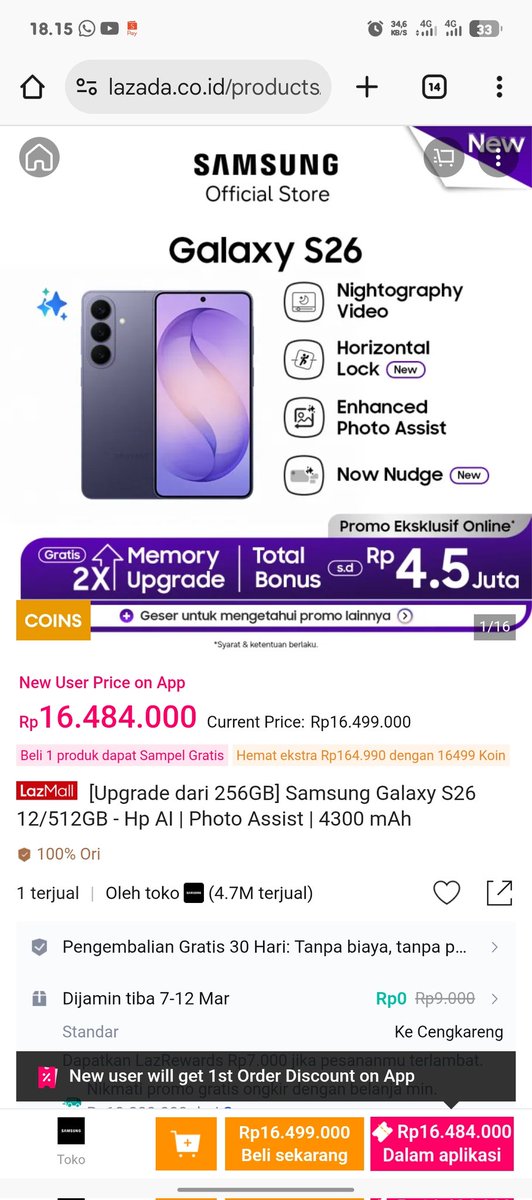 Samsung S26 Di Lazada yuk gaes buruan di check out sebelum kehabisan. 
lazada.co.id/products/I1881…