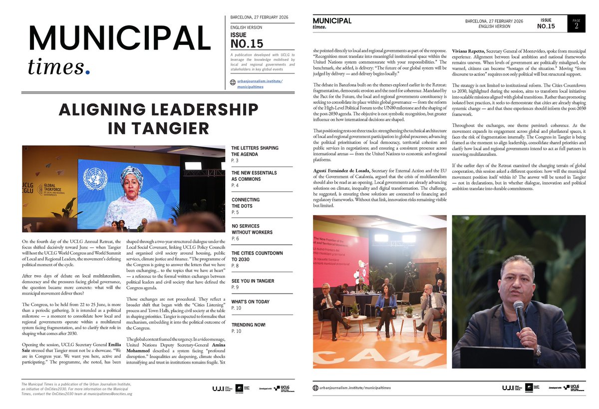 UJInstitute's tweet photo. 🗞️ The final issue of this week’s #MunicipalTimes is now online!

Day 4 of the @uclg_org Retreat connected #Tangier2026, the Local Social Covenant and the future of universal local public services.

Full coverage here:
https://t.co/neLXPpxdJU

#UCLGMeets https://t.co/j5Lrbi6HTV