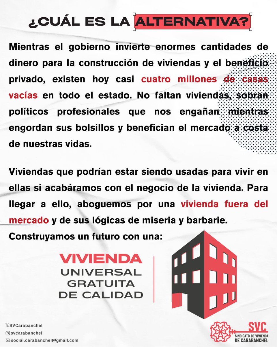 - Se basa en la "colaboración público privada": dinero público engorda el beneficio privado

- Deja fuera a las más precarias. Sólo desmercantilizando la vivienda se garantiza un acceso universal

Si la vivienda es su negocio, la clase trabajadora está condenada a la miseria 🗝️🌹