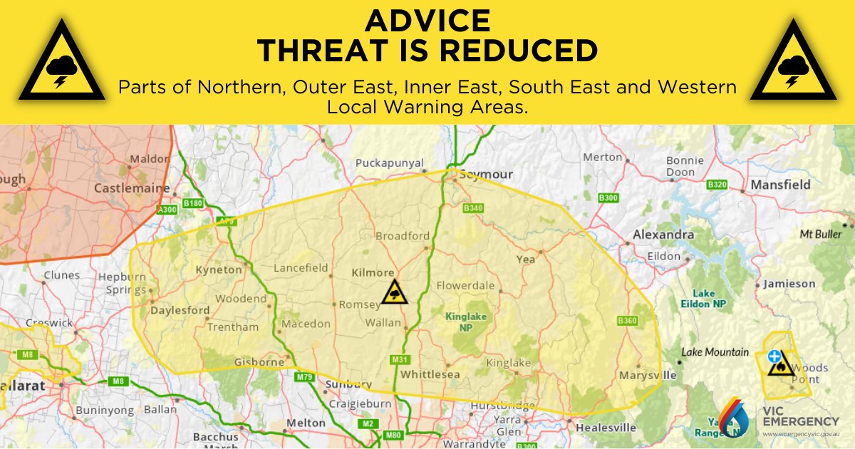 vicemergency's tweet image. Thunderstorm - Cancellation for the Melbourne metropolitan area. 

The Threat Is Reduced. 

For more info: emergency.vic.gov.au/respond/#!/war… #vicstorms