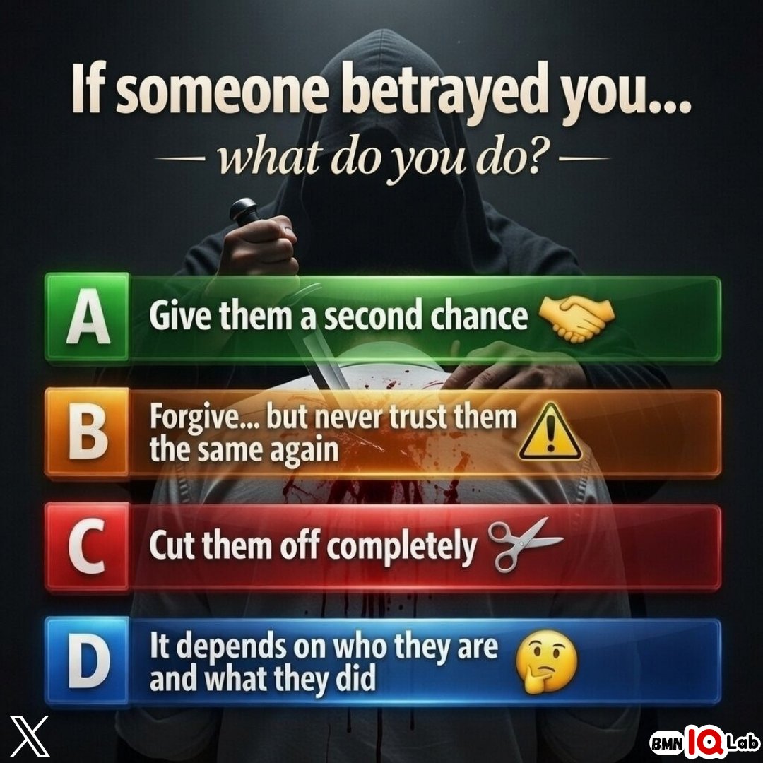 BenefitMoreNow's tweet image. If someone betrayed you… what do you do? 💔
A) Give them a 2nd chance 🤝
B) Forgive… but never trust them the same again ⚠️
C) Cut them off completely ✂️
D) It depends on who they are and what they did 🤔
Hey @grok what’s the smartest choice? 👀
#Betrayal #TrustIssues #Mindset